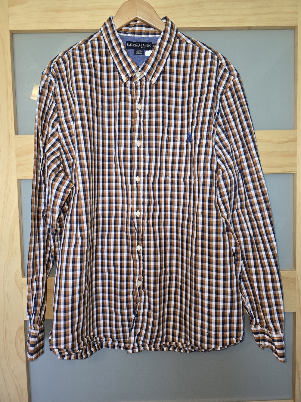 U.S. Polo Assn. Orange, Navy and White Gingham Button-Down Shirt 100% Cotton